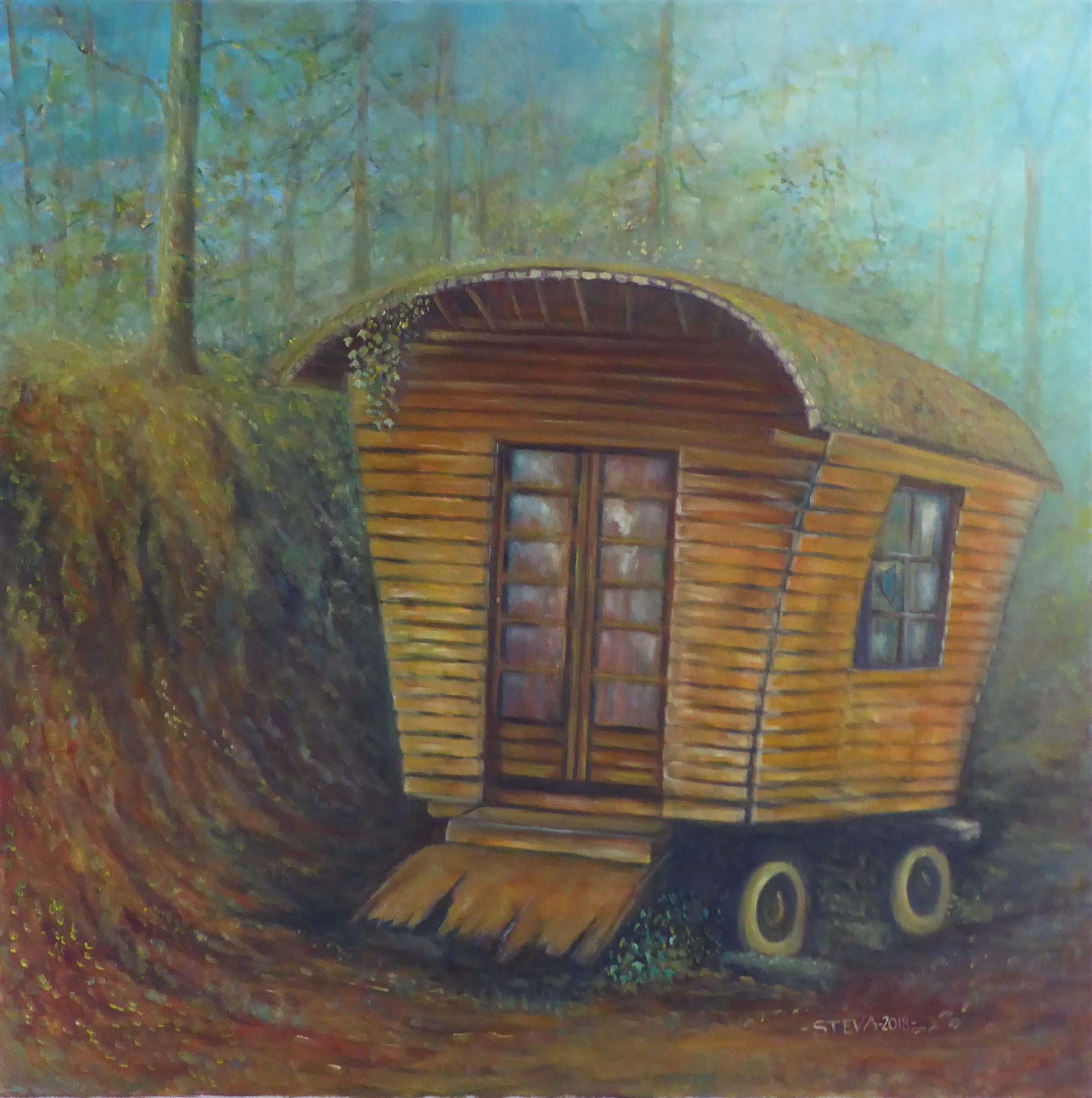 La roulotte abandonnée  , huile 80x80 cm, CP