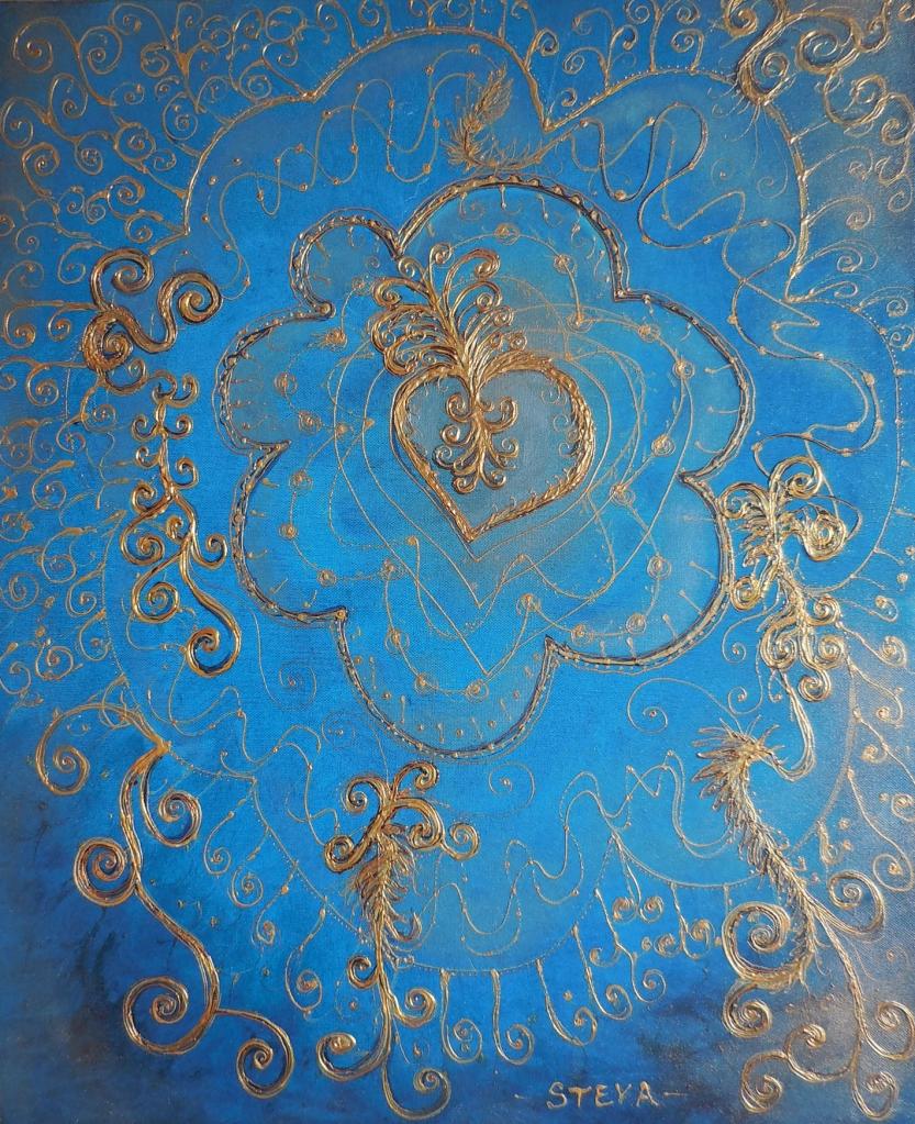 L''accroche-coeur, acrylique et reliefs dorés, 61x50 cm, CP