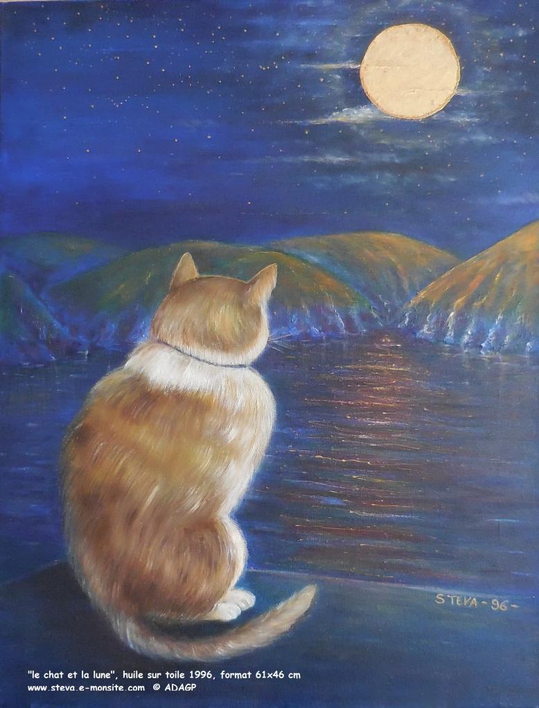 Chat-Lune, ou les méditations d'un Chat,  huile sur toile 1996, CP Belgique