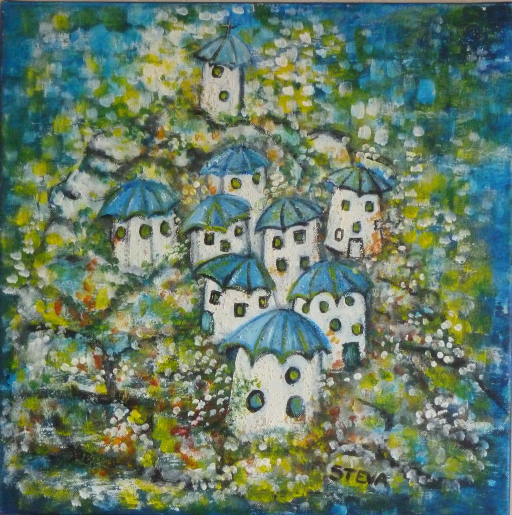 Village bleu, acrylique sur toile 40x40 cm, CP