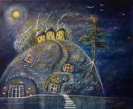 Trois maisons sous la lune 46x38 cm 2025